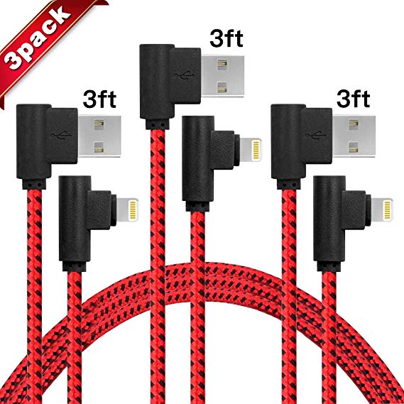 3-Pack (3/3/3FT) iPhone Charger MFi Certified 90 Degree Data Cable Nylon Braided Compatible with iPhone X and Other Models(Black Red)