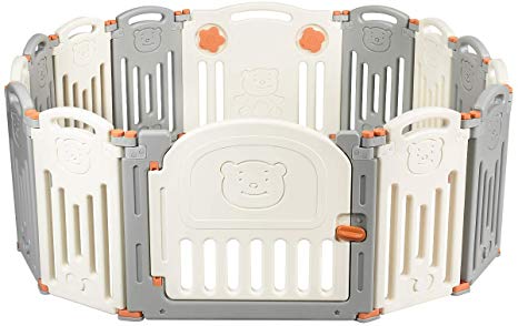 COSTWAY 14 Panel Foldable Baby Playpen, Bear Pattern Safety Yard Activity Center, Lockable Door, Non-Slip Rubber Mats & 14 Rubber Suction Cups, Portable Baby Area for Indoor & Outdoor (Color 1)