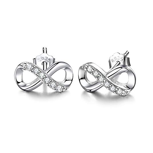 F.ZENI Infinity Earrings 925 Sterling Silver Studs Round Cut CZ Forever Love Accent Fashion Jewelry for Women Girls with Gift Box