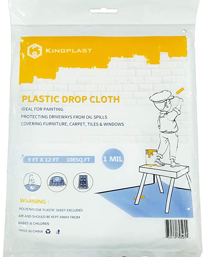 KINGPLAST Plastic Drop Cloth for Painting 9 x 12ft x 1mil Clear Painters Drop Sheet Tablecloth,Waterproof Plastic Painting Tarp for Floor Covering