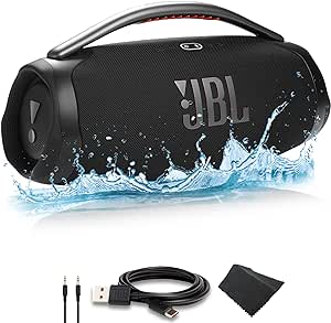 JBL Boombox 3 - Portable Bluetooth Speaker, IPX7 Waterproof, 24 Hours of Playtime (Black) (JBLBOOMBOX3BLKAM)   AUX Cable   USB-C Cable   Microfiber Cloth