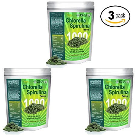 Chlorella Spirulina 50/50-Mega-pack 1000 Tablets! Best organic raw non-GMO Green Superfood (3-Pack)