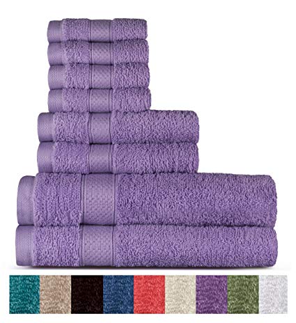 Welhome 100% Cotton 8 Piece Towel Set (Lilac); 2 Bath Towels, 2 Hand Towels and 4 Washcloths, Machine Washable, Super Soft