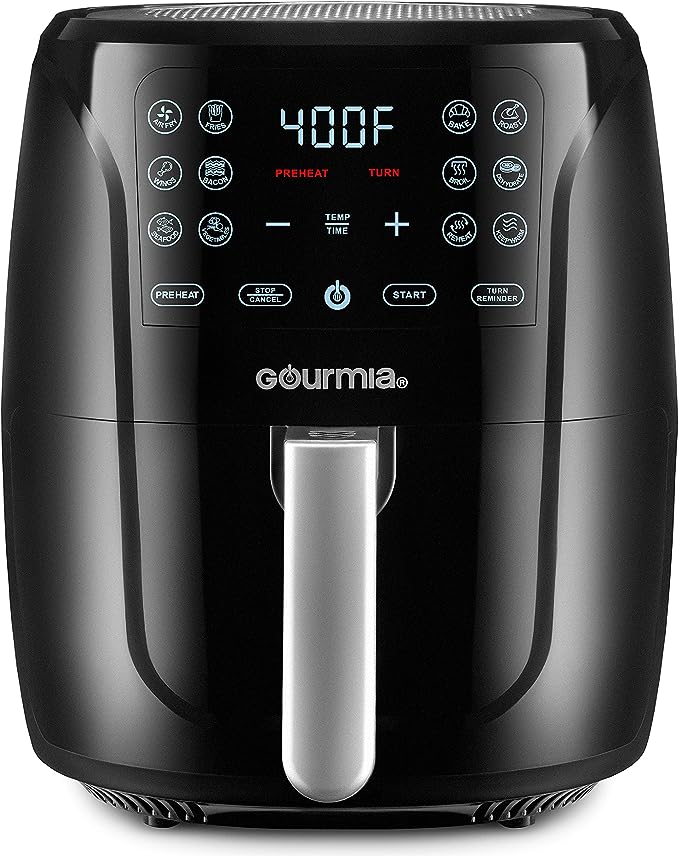 Gourmia Air Fryer Oven Digital Display 6 Quart Large AirFryer Cooker 12 1-Touch Cooking Presets, XL Air Fryer Basket 1500w Power Multifunction Black and Stainless Steel Accents FRY FORCE GAF686