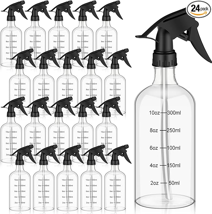 Skylety 24 Pieces 10 Oz/ 300 ml Clear Plastic Spray Bottles Empty Refillable Spray Bottles with Measurement Household Leak Proof Water Spray Bottles for Cleaning Solutions Hair Salons Spas Cooking