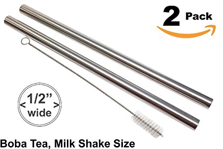 STEELUTION: 2Pack Boba/Bubble Tea/Milkshake Straws! Stainless Steel with Cleaner! Half Inch Wide! *ships without any plastic packaging*