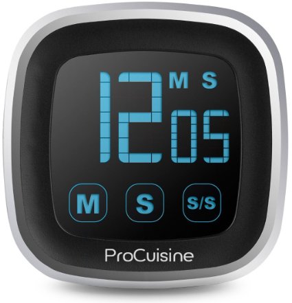 ProCuisine Touchscreen Digital Kitchen Cooking Timer Count Down and Up Batteries Included Magnetic Back Stopwatch with Alarm LCD Touch Screen Display Retractable Stand Stop Watch