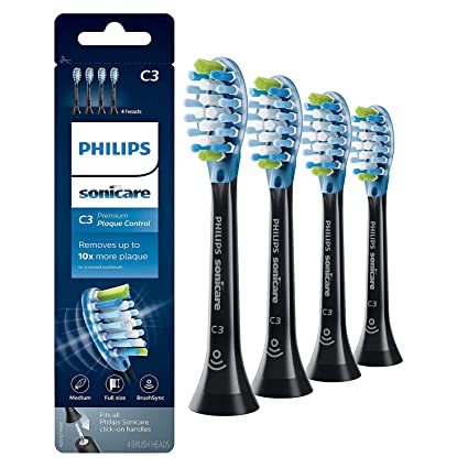 HX9044 ReplacementToothbrush Heads for Philips Sonicare C3 Premium Plaque Control - 4 Pack, Standard Sonic Toothbrush Heads (Black)