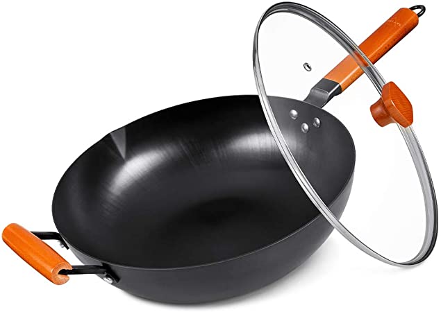 SKY LIGHT Wok Pan with Lid, No Chemical Stir Fry Pan 12.5-inch, 100% Carbon Steel Chinese Iron Pot with Detachable Wooden Handle, Scratch Resistant Flat Bottom for Electric, Induction & Gas Stoves