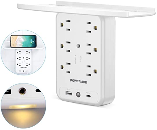 Poweradd Socket Outlet Shelf,6 Outlet Extender Surge Protector with 1×USB C PD 18W Fast Charging Ports and 1× USB Ports,Multi Plug Outlet & Removable Built-in Shelf and Smart Night Light for Bathroom/Home/Dorm