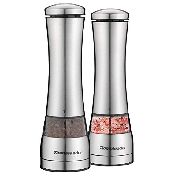 Electric Pepper Grinder or Salt Mill (Set of 2), Stainless Steel Spice Grinder with Adjustable Coarseness Ceramic Mechanism, Battery Powered Electric Pepper Grinder with LED Light by Homeleader