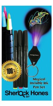 Invisible Pens & UV Light - Awesome Magical Disappearing Inks Set - 3 Pack of Colorful Fluorescent Invisible Ink Marker Pens & Ultra Violet (UV) Black Light on Keychain - Kids LOVE Secret Message Writing - Discreetly Mark Wedding Invitations RSVP's - Marking Your Identity on Valuables & More. Make an Ordinary Day Extraordinary with the Invisible Disappearing Inks, Today! Comes with 100% Money Back Guarantee by Sherlock Hones SH®