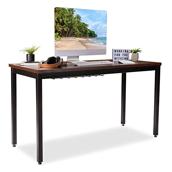 Computer Desk for Home Office - 55” Length Table w/Cable Organizer- Sturdy and Heavy Duty Writing Desk for Small Spaces and Students Laptop Use - Damage-Free Promise (Teak)