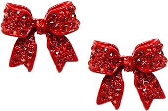 Adorable 3/4" Christmas Holiday Ribbon Bow Crystal Stud Earrings Fashion Jewelry Gift, Christmas Stocking Stuffer Ideas for Women. Teens, Girls