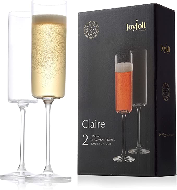 JoyJolt Champagne Flutes – Claire Collection Crystal Champagne Glasses Set of 2 – 5.7 Ounce Capacity – Exquisite Craftsmanship – Ideal for Home Bar, Special Occasions