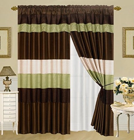 MODERN BROWN / SAGE /BEIGE Faux Silk Taffeta Window Curtain / Drape Set with Sheer Backing 120-by-84-Inch