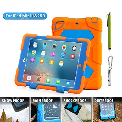 Aceguarder global design new products iPad mini 1&2&3 case snowproof waterproof dirtproof shockproof cover case with stand Super protection for kids Outdoor adventure sports tourism Gifts Outdoor Carabiner   whistle   handwritten touch pen (ACEGUARDER brand)(Orange/Blue)