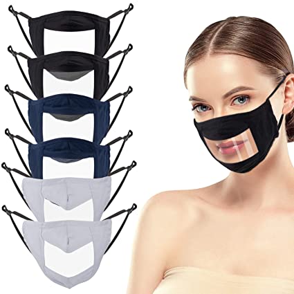 6 Pcs Anti Fog Face Covering with Clear Window- Cotton Anti-dust Mouth Guard Reusable Unisex Mouth Face Covers Outdoor Facial Protection Visible Expression for The Deaf and Hard of Hearing