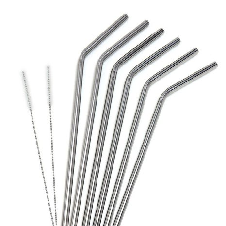 Stainless Steel Drinking Straws Strong Reusable Eco Friendly Set of 6 with 2 Cleaning Brushes by Decodyne