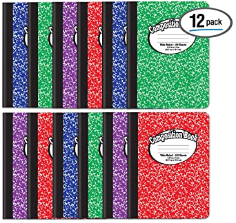 Composition Book Notebook - Hardcover, Wide Ruled (11/32-inch), 100 Sheet, One Subject, 9.75" x 7.5", Assorted Covers: Red, Blue, Green, Purple-12 Pack