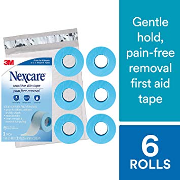 Nexcare Sensititive Skin Tape SIOC, Pain Free Removal, Holds Securely, 1-inch X 4 Yard Roll (Pack of 6)