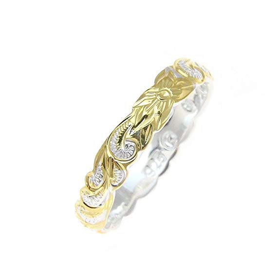 Sterling Silver 925 4mm 2tone yellow gold plated Hawaiian scroll hand engraved cut out ring band size 1 to 11