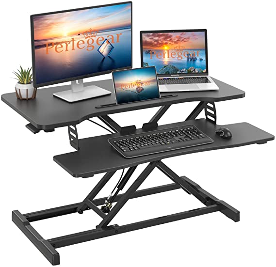 Perlegear Standing Desk Converter, 31.5 inch Height AdjustableTabletop Workstation, Gas Spring Dual Monitor Sit Standup Riser with Removable Keyborad Tray for Home Office