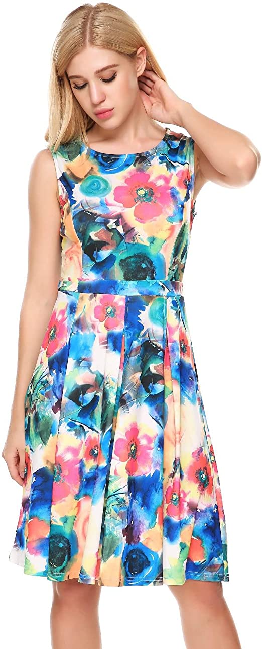 Women Casual O Neck Sleeveless A-Line Knee Length Floral Pleated Flare Summer Dress