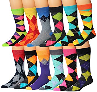 James Fiallo Men's 12-Pairs Funky Colorful Argyle Crew Dress Socks