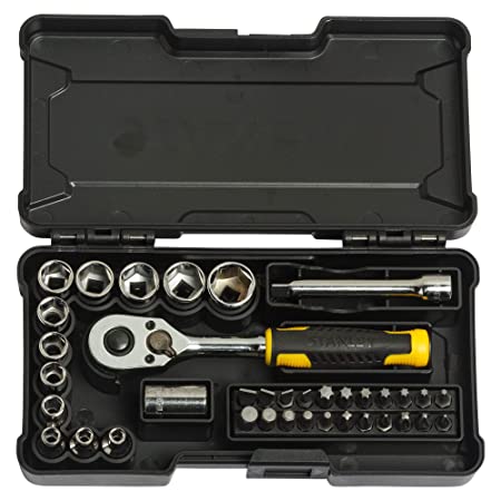 STANLEY STMT82672 1/4" 37-Piece Chrome Compact Socket Set comes with a Heavy-Duty Plastic Case for Home, DIY, Industrial & Professional Use, YELLOW & BLACK