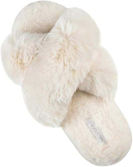 HALLUCI Women's Cross Band Soft Plush Fleece House Indoor or Outdoor Slippers