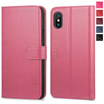 iPhone Xs Case, iPhone Xs Wallet Case, TUCCH PU Leather Flip Folio Slim Book Cover [RFID Blocking][Kickstand] Card Holder Wireless Charging,[Auto Wake/Sleep] for iPhone Xs(5.8 inch) - Hot Pink