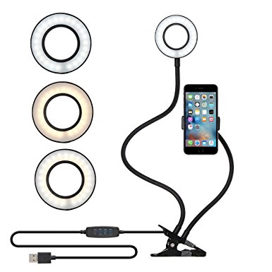 Soobuy Cell Phone Holder with Selfie Ring Light for Live Stream and Makeup, 3 Light Mode & 10 Level Brightness Phone Clip Holder for Video Recording, Video Call, Vlog, Bedroom, Office, Kitchen – Black