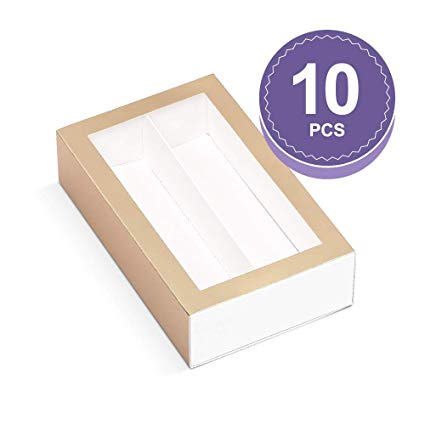 BAKIPACK Macaron Boxes (Interior Mesurement 7.25×4 ×1.8 Inches), Macaron Box for 12, Macaron Packaging Boxes with Clear Window, Matte Gold, 10 Pcs without Macarons inside