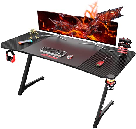 LEMBERI 63 inch Gaming Desk, Z-Shaped Computer Desk with Free Large Mouse Pad, Professional Game Work Station, PC Gamer Table with USB Gaming Handle Rack, Stand Cup Holder&Headphone Hook