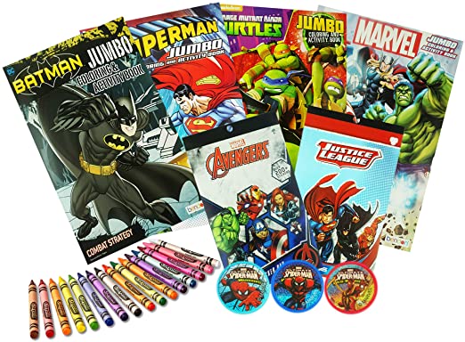 Mr Comic Super Hero Coloring and Activity Book with 300  Plus Stickers, Colored Crayons and Spider-Man Stampers for Kids and Toddler Includes Batman, Superman, Ninja Turtles and Avengers