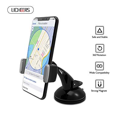 Car Phone Mount, Licheers Universal Car Phone Holder Windshield Dashboard Phone Cradle Bracket with Washable Sticky Suction Cup, for GPS iPhone X/8Plus/GalaxyS9/S8/Note 7 up to 6.0 inch (Black)