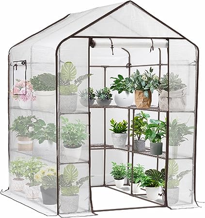 Sekey Greenhouses for Outdoors, PE Small Greenhouse with 2 Mesh Windows Walk in Greenhouse for Garden Plants Portable Greenhouse with 10 Shelves (56.3" x 56.3" x 76.8")- White