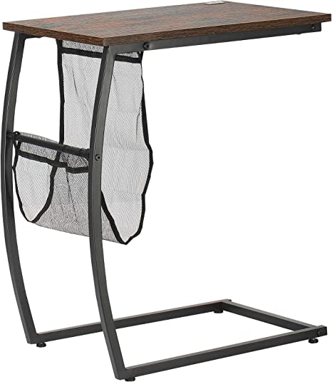 HOMCOM Mesa Auxiliar para Sofá y Cama en Forma de C con Bolsillo de Almacenaje Mesa Lateral de Estilo Industrial para Salón 53x35x64,5 cm Marrón Rústico