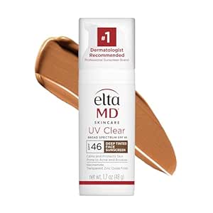 EltaMD UV Clear Deep Tint Face Sunscreen, SPF 46 Tinted Sunscreen with Zinc Oxide, Oil-Free, For Sensitive Skin, Acne-Prone Skin, Lightweight, Dermatologist Recommended, 1.7 oz