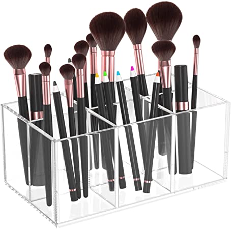 HIIMIEI Clear Makeup Brush Holder Organizer Acrylic 6-Slots Cosmetic Brushes Storage Organizer for Vanity Countertop