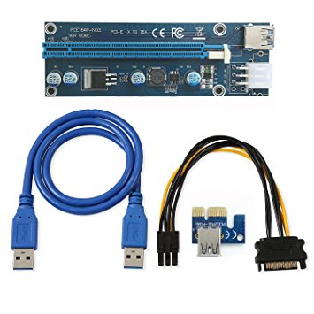 PCI-E 16x to 1x Ethereum ETH Mining Power Riser Adapter Card with 60cm USB 3.0 Extension Cable and 6-Pin PCI-E to SATA Power Cable-1 Pack