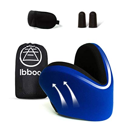 Ibboo Travel Pillow for Airplanes,100% Memory Foam Ergonomic 360° Neck & Chin Support Pillow Pain Relief for Adults, Portable U-Shaped Pillow for Sleeping with Eye Mask & Earplug & Carry Bag (Blue)