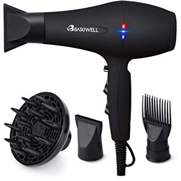 Basuwell Hair Dryer Professional 2100W Salon Hairdryer Ionic Far Infrared 2 Speed 3 Heat Cool Shot Setting AC Motor Blow Dryer With Diffuser/Concentrator/ Comb Air Nozzle - UK Plug Black