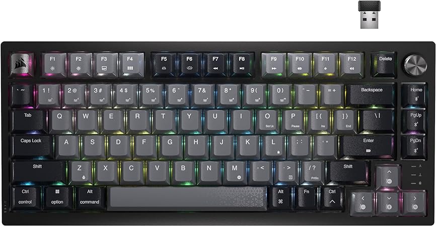 Corsair K65 Plus Wireless 75% RGB Hot-Swappable Mechanical Gaming Keyboard – Pre-Lubricated MLX Red Linear Switches – Top Mounted – Dual-Layer Sound Dampening – PBT Keycaps – QWERTY NA – Black