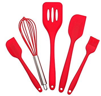 Silicone Spatula Set of 5,Koolife Safe Soft and Non-stick Flexible Rubber Spatulas with Stainless Steel Core Design with Slotted Turner,Whisk,Large & Small Spatulas and Brush (Red)