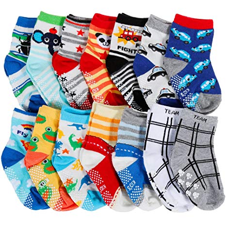 Lictin 14 Pairs Anti-slip Toddler Socks Baby Infants Socks Assorted Kids Socks Animal Print Babies Unisex Socks Fun Design Colored Socks Antislip Socks Baby Socks Set Socks Gift for 1-3 Years Baby