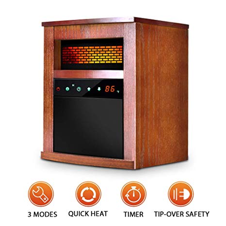 Air Choice Electric Space Heater 1500W Portable Infrared with Remote &Timer, Function 3 Modes wi Overheat & Tip-Over Shut Off Wood Cabinet, L, Brown