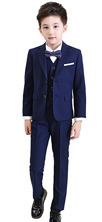 YUFAN Boys Formal Tuxedo Suits 5 Pieces Jacket Pants Vest Shirt Bow Tie 3 Colors Black Navy Plaid