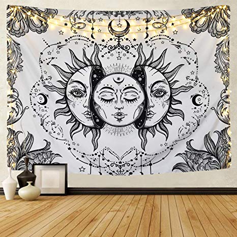 Sevenstars Sun and Moon Tapestry Black and White Tapestry Psychedelic Fractal Faces Tapestry Wall Hanging, Durable Easy to Hanging Machine Washable (White, 51.2 x 59.1 inches)